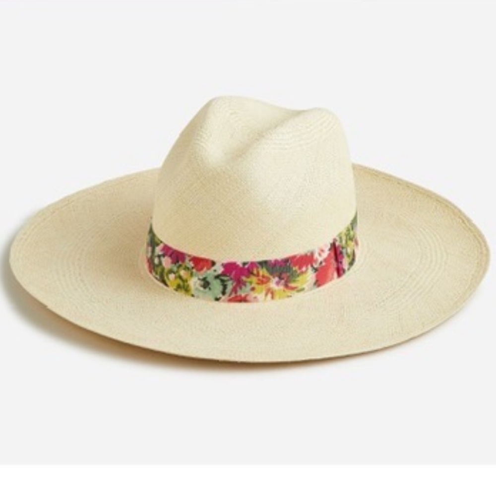 J.Crew Wide-Brim Panama Hat With Printed Floral Band-NWT- Natural- Size M-L